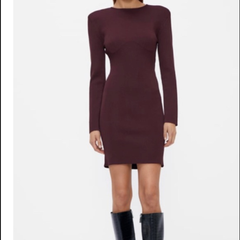 Zara Dark Burgundy Knit Long Sleeve Bodycon Mini Dress Size S NWT